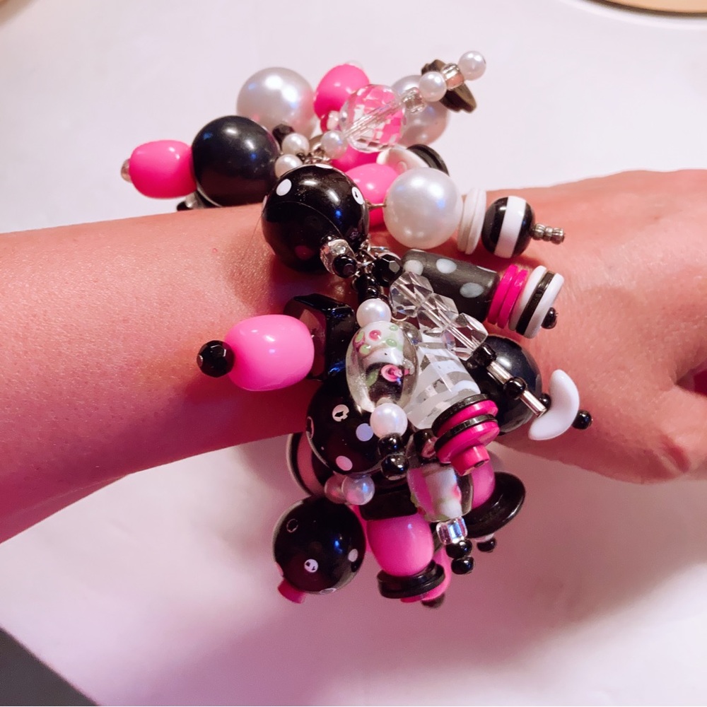 Pink and Black Candy Beads Stacking Bracelet 7”